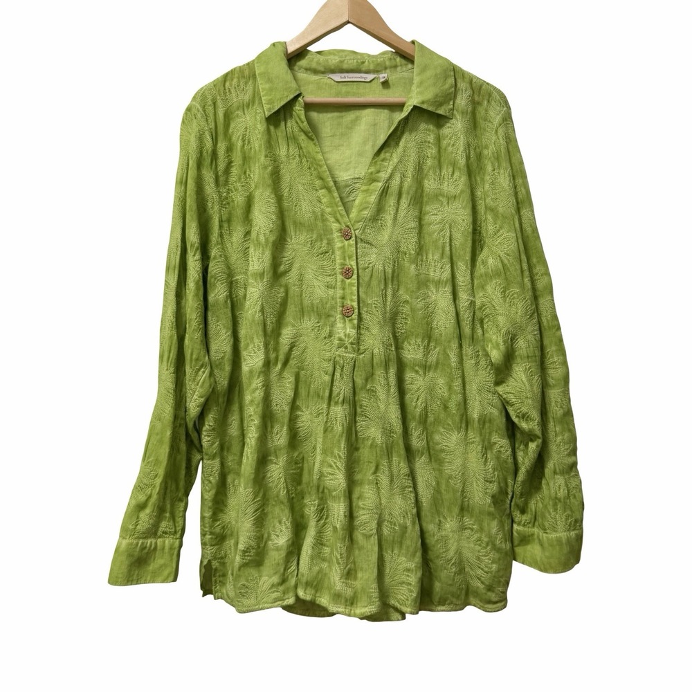 Soft Surroundings Embroidered Collared Popover Tunic Top Size 2X Chartreuse Boho